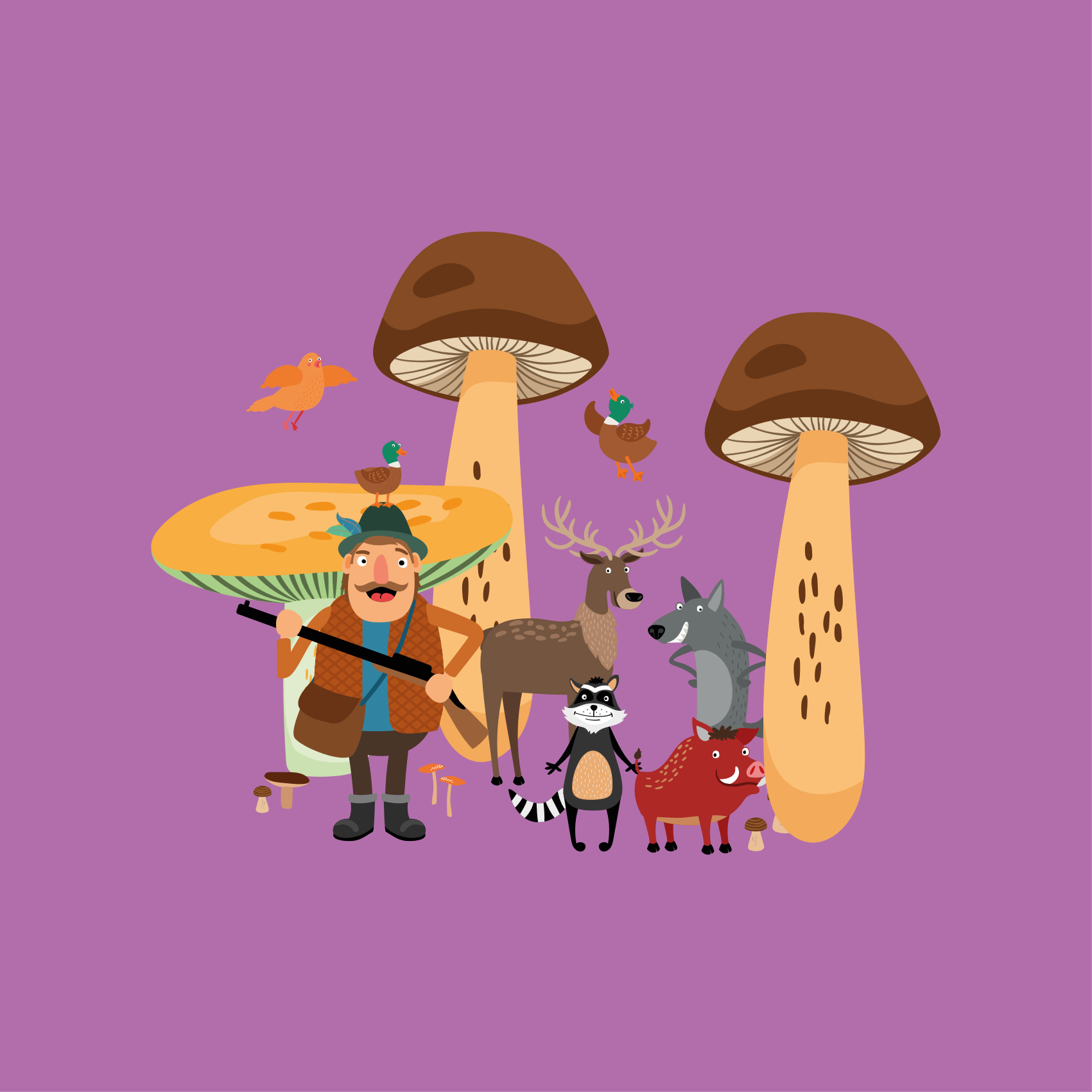 Poster dormitorio infantil pájaros en el bosque de setas - TenVinilo