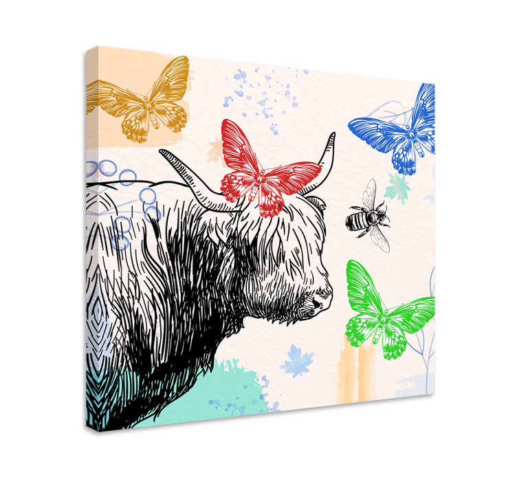 Cuadro animales vaca highland y mariposas - TenVinilo