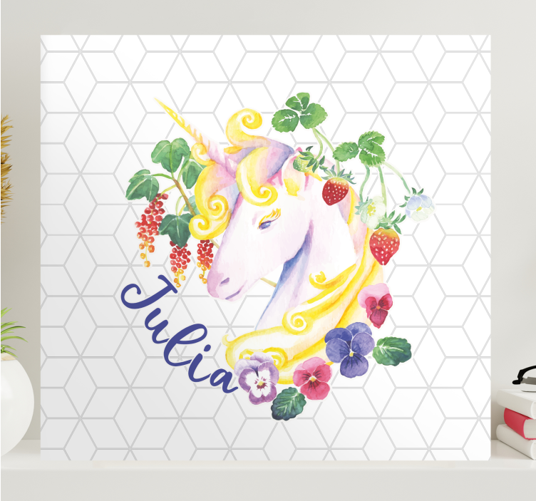 Cuadro personalizable Cabeza de unicornio sobre baldosas hexagona - TenVinilo