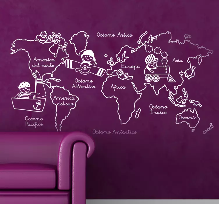 Vinilo mapamundi monocolor ilustración continentes - TenVinilo