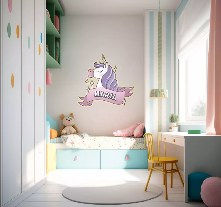 Vinilo infantil con nombre unicornio y estrellas - TenVinilo