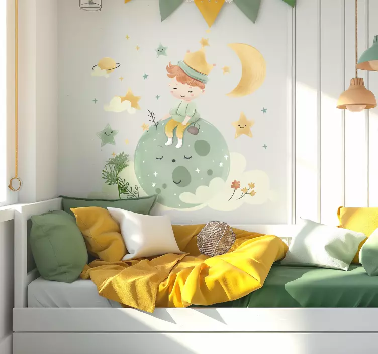 Vinilo dormitorio infantil niño feliz en la luna - TenVinilo