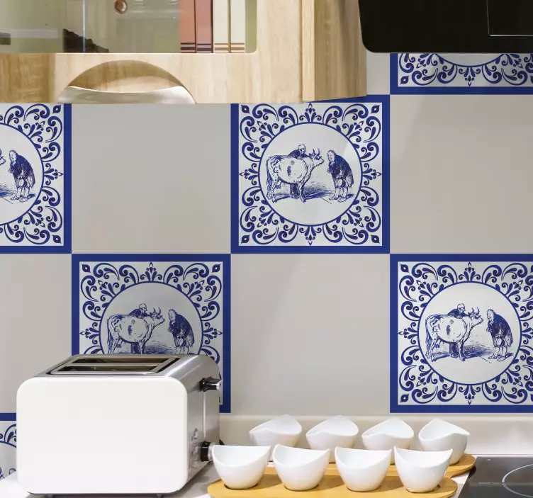 Azulejos adhesivos clásicos pastores y vaca - TenVinilo