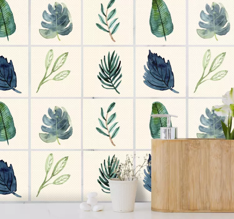 Azulejos adhesivo Hojas grises tropicales - TenVinilo