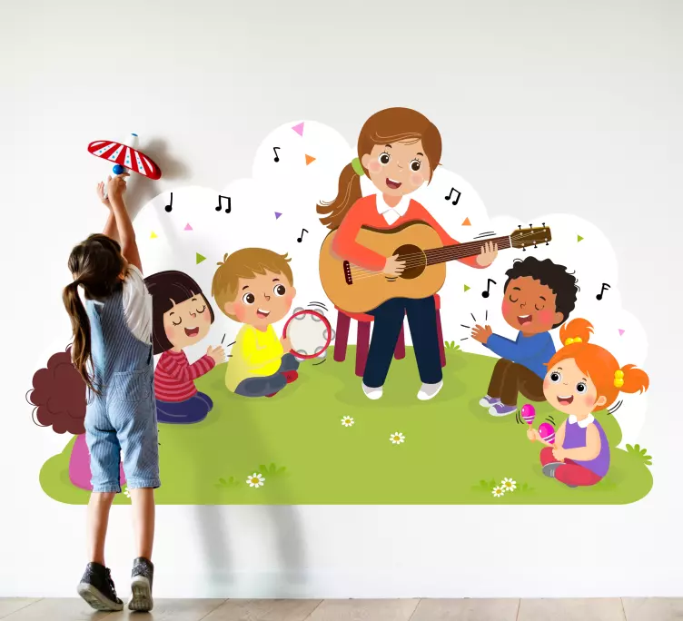 Vinilo habitación infantil Niños sobre un fondo amarillo - TenVinilo