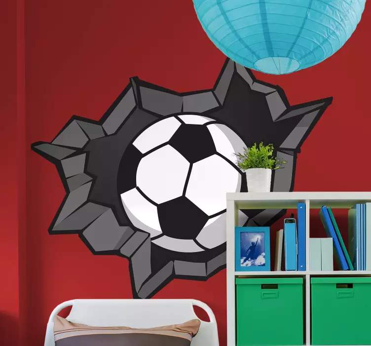 Vinilo 3d fútbol pelota saliendo de pared - TenVinilo