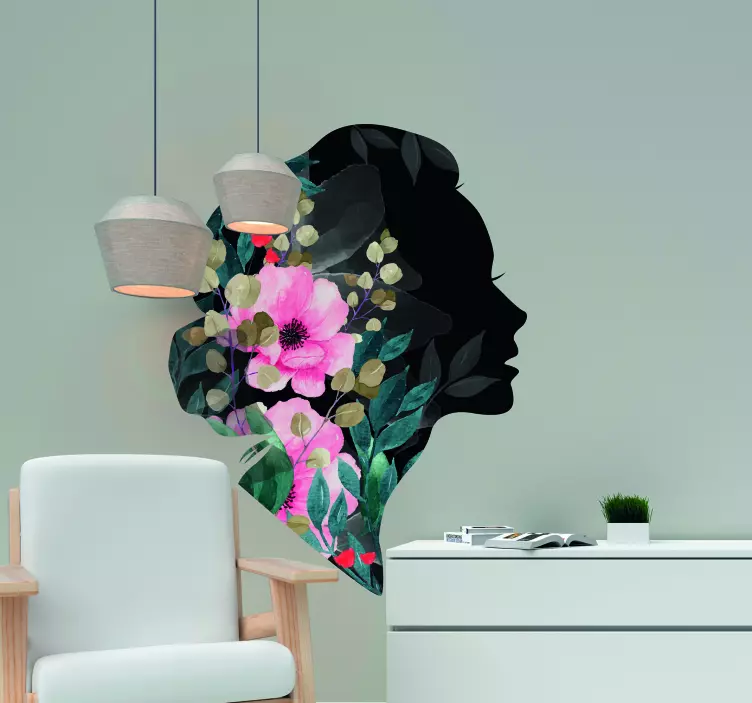 Vinilo arte silueta mujer con ramo de flores - TenVinilo