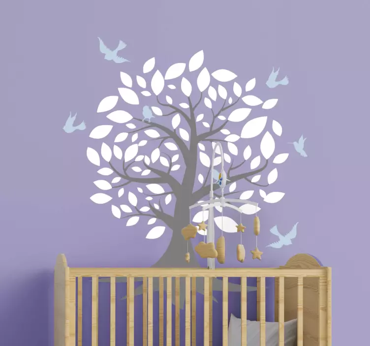 Vinilo infantil árbol nórdico con pajaritos - TenVinilo