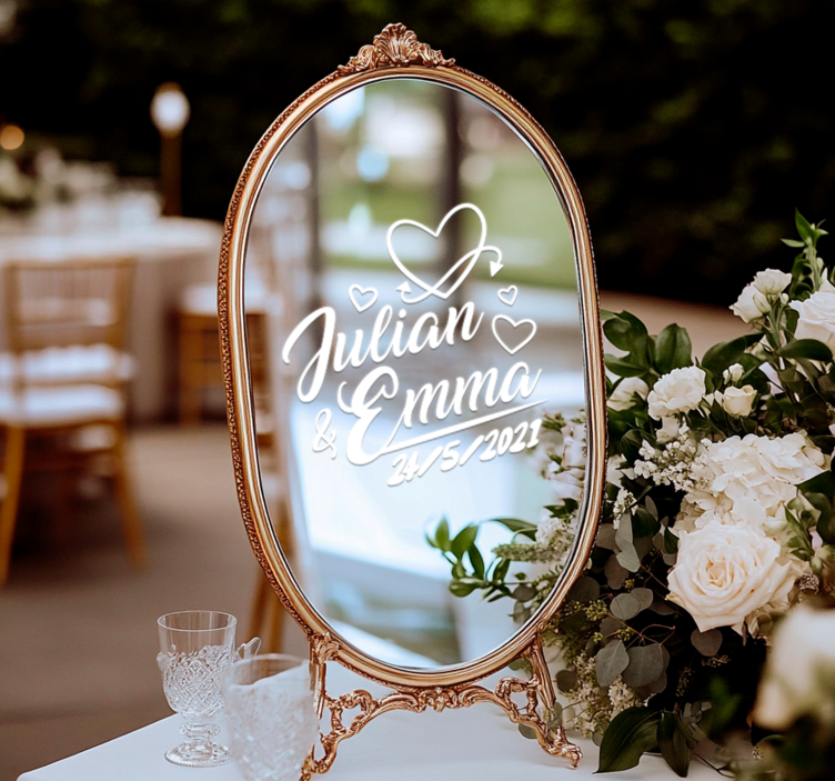 Pegatina boda corazones nombre y fecha - TenVinilo