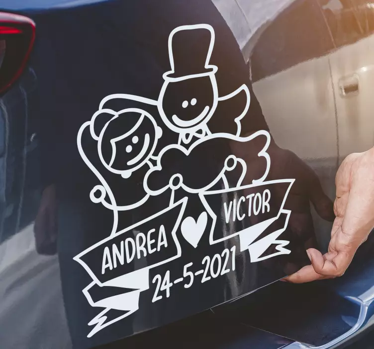 Pegatina boda coche de boda dibujos novios con nombre - TenVinilo