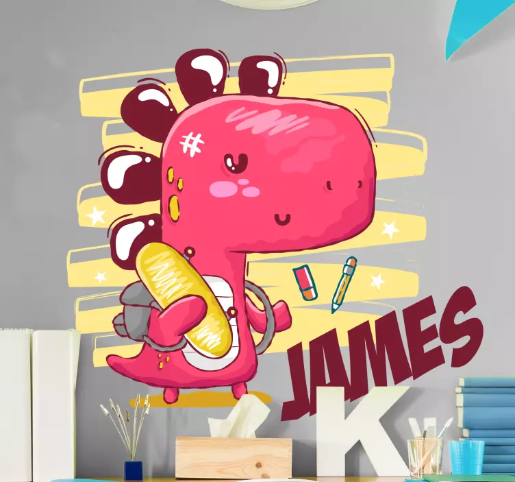 Vinilo dinosaurio yendo al cole con nombre - TenVinilo