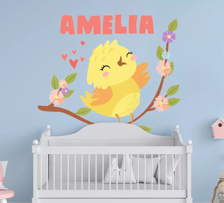 Vinilo pájaro Pollito con nombre y flores - TenVinilo