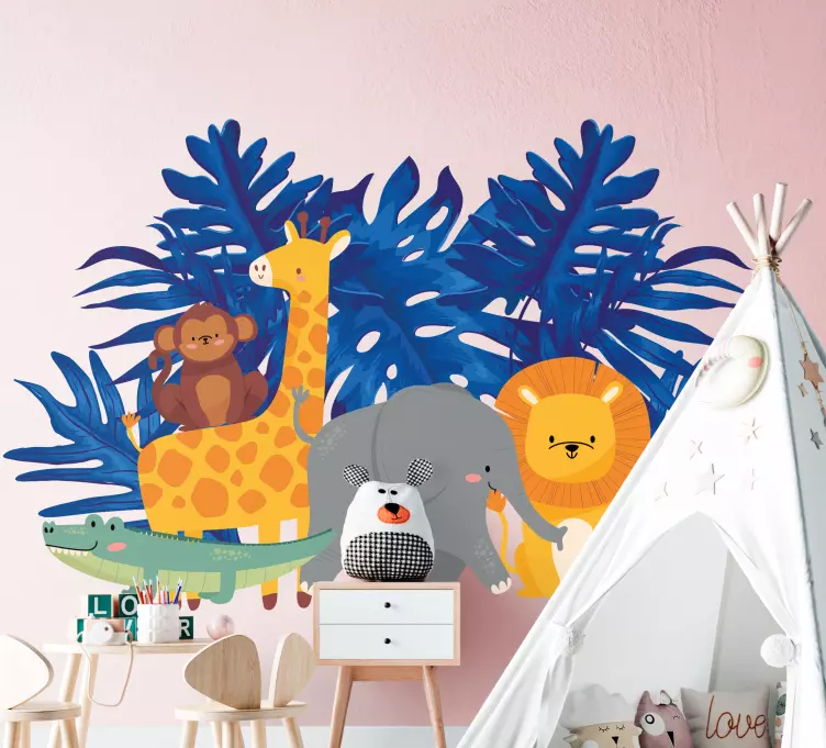 Vinilo animal salvaje Animales de la selva y hojas de monstera. - TenVinilo