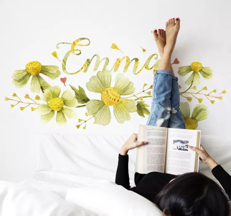 Vinilo pared de flores margaritas con nombre - TenVinilo