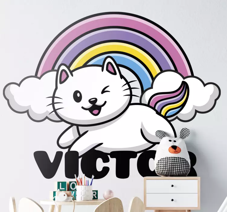 Vinilo ilustración Arco iris nombre personalizado gato - TenVinilo