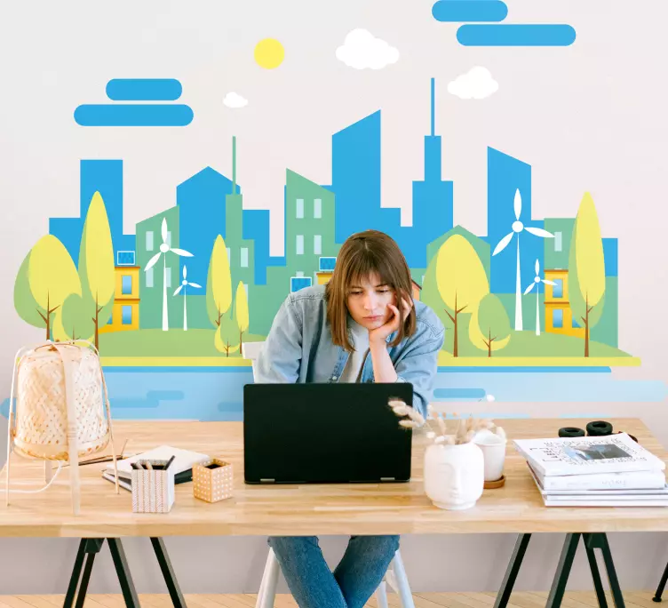 Vinilo ilustración Ciudad azul con mar - TenVinilo