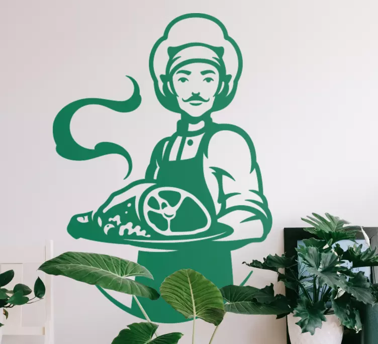 Vinilo para restaurante Chef sosteniendo una bandeja - TenVinilo
