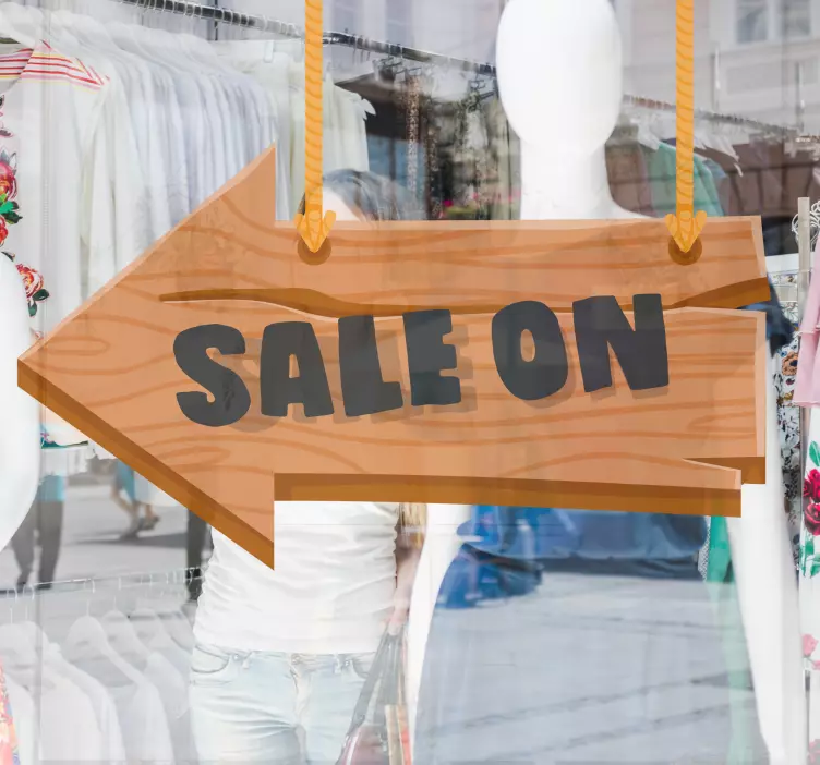 Vinilo escaparate flecha de venta de madera - TenVinilo