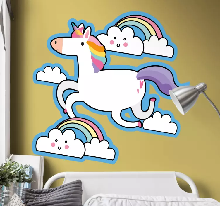 Vinilo infantil unicornio corriendo con nubes - TenVinilo