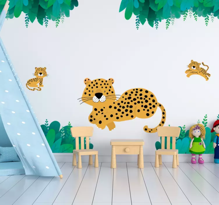 Vinilo infantil pared de leopardo mamá y bebés - TenVinilo