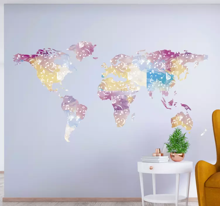 Vinilo mapamundi colorido notas musicales - TenVinilo