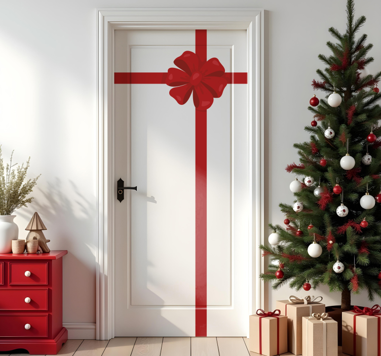 Vinilo navideño cinta de regalo roja para puertas - TenVinilo