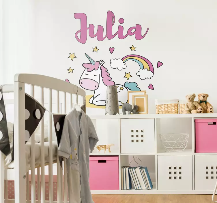 Vinilo infantil para pared de unicornio con nombre - TenVinilo