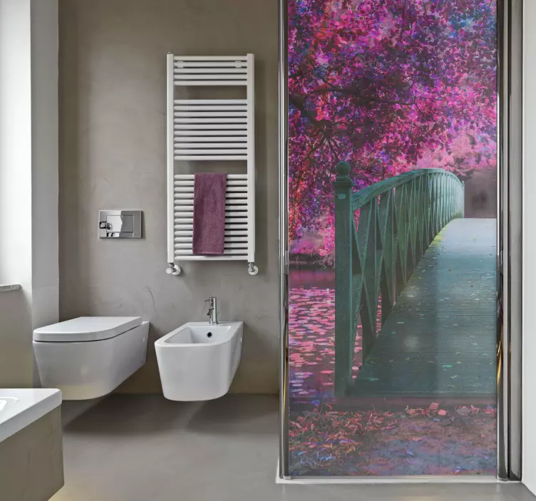 Vinilo mampara ducha paisaje de puente de madera - TenVinilo