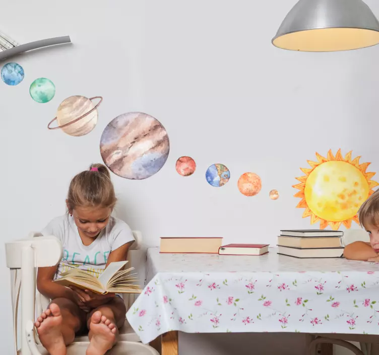 Vinilo infantil sistema solar en línea acuarela - TenVinilo