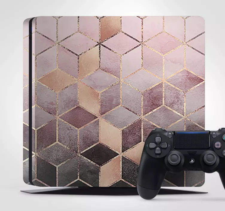 Vinilo PS4 Patrón de cubo rosa y gris con líneas doradas - TenVinilo