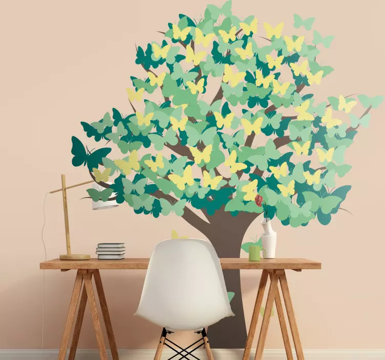 Vinilo pared de árbol con mariposas - TenVinilo