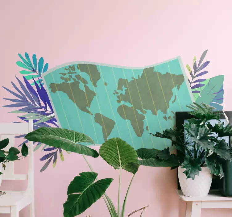 Vinilo mapamundi con plantas tropicales - TenVinilo