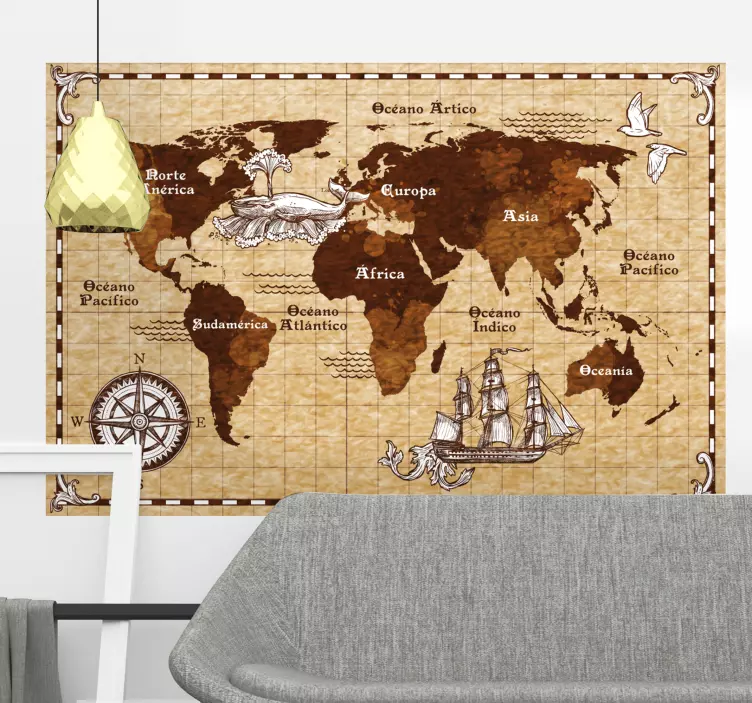 Vinilo pared mapamundi vintage con brújula - TenVinilo