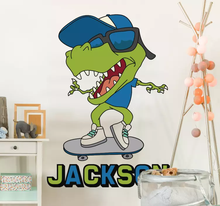 Vinilo infantil T-Rex en skate con nombre - TenVinilo