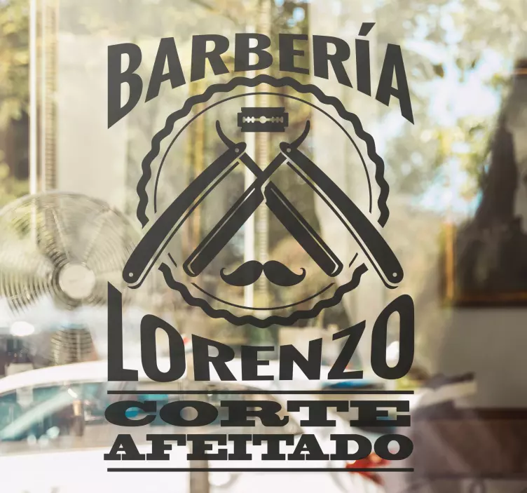 Vinilo peluquería cortar y afeitar con nombre - TenVinilo