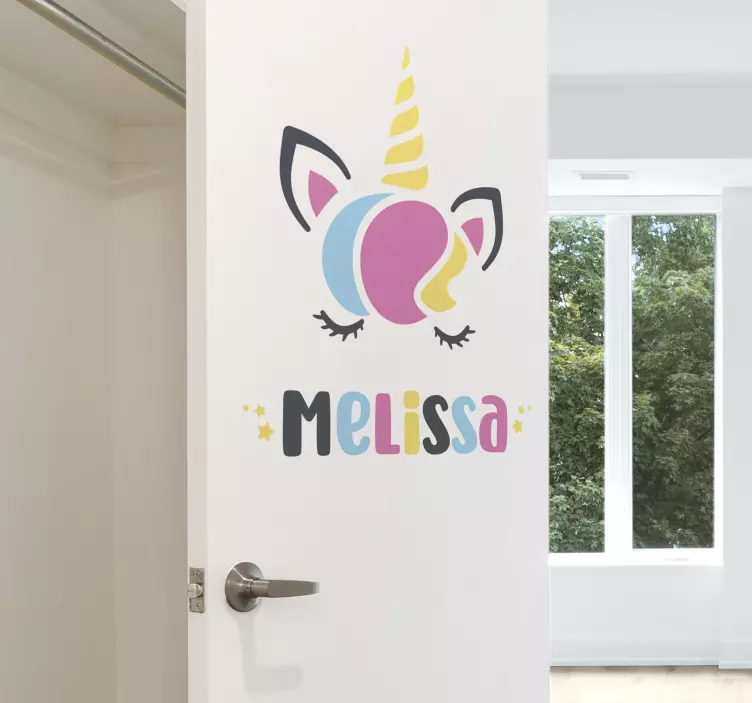 Vinilo para puerta personalizable nombre unicornio rosa - TenVinilo