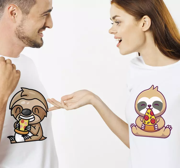 Camisetas parejas Lindos perezosos comiendo pizza juntos - TenVinilo