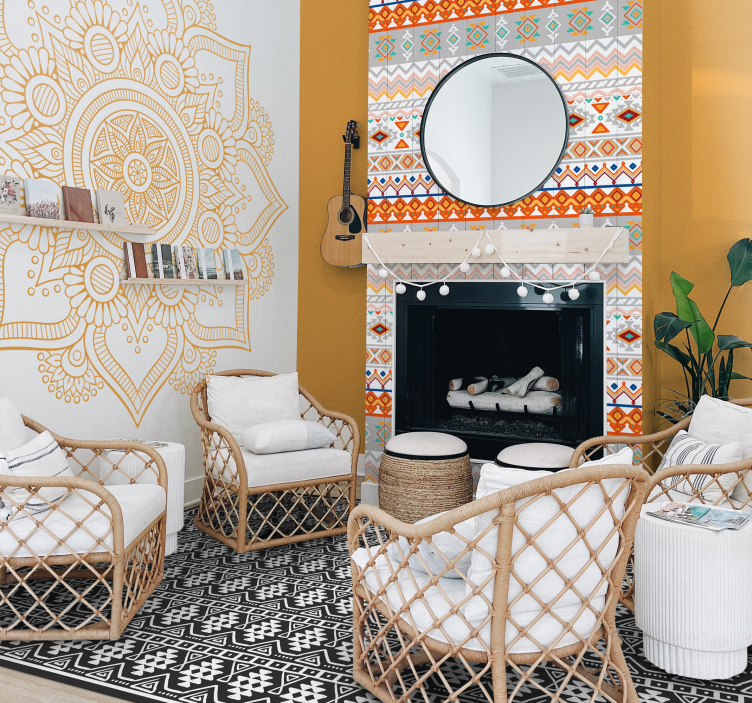 Alfombra vinílica étnica bohemio blanco y negro - TenVinilo