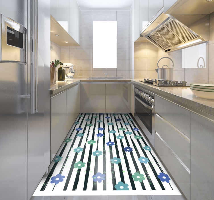 Alfombra vinílica cocina diseño de rayas florales - TenVinilo
