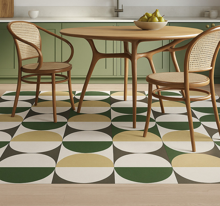 Alfombra vinílica comedor patrón circular de mediados de siglo - TenVinilo