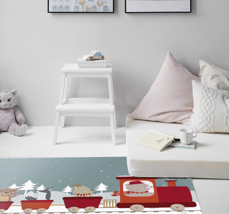 Alfombra vinílica infantil aventura en tren con animales - TenVinilo