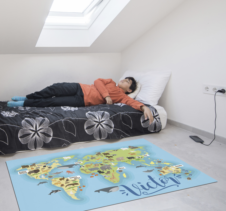 Alfombra vinílica infantil mapamundi fauna - TenVinilo