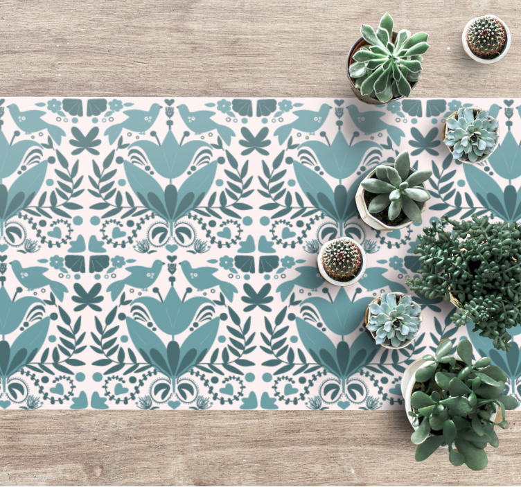 Alfombra vinílica flores arte popular azul con pájaros - TenVinilo