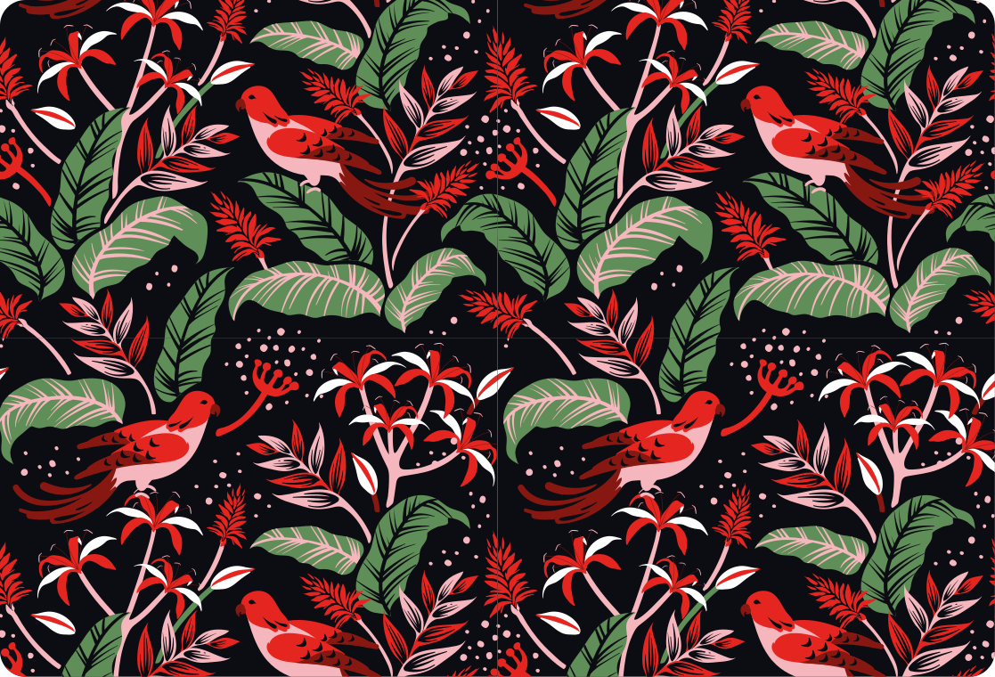 Alfombra vinílica de animales con hojas rojas y rosas - TenVinilo