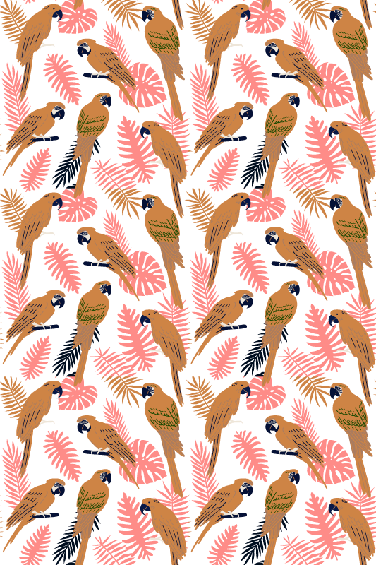 Alfombra vinílica de animales loros naranjas y flores rosas - TenVinilo