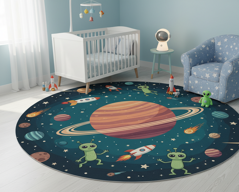 Alfombra vinílica dormitorio nuevo planeta con aliens - TenVinilo