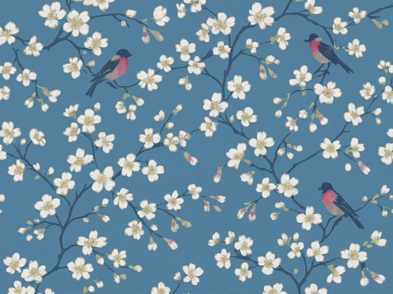 Alfombra vinílica naturaleza pajaritos del huerto azul - TenVinilo