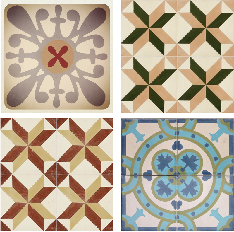 Alfombra vinílica beige con cenefa de mosaico hidráulico - TenVinilo