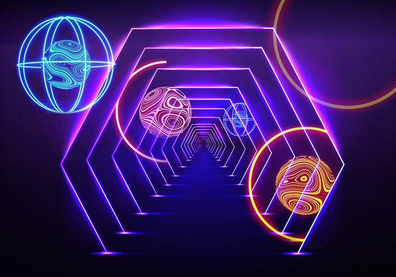 Alfombra vinílica lila vista de túnel hexagonal neón - TenVinilo