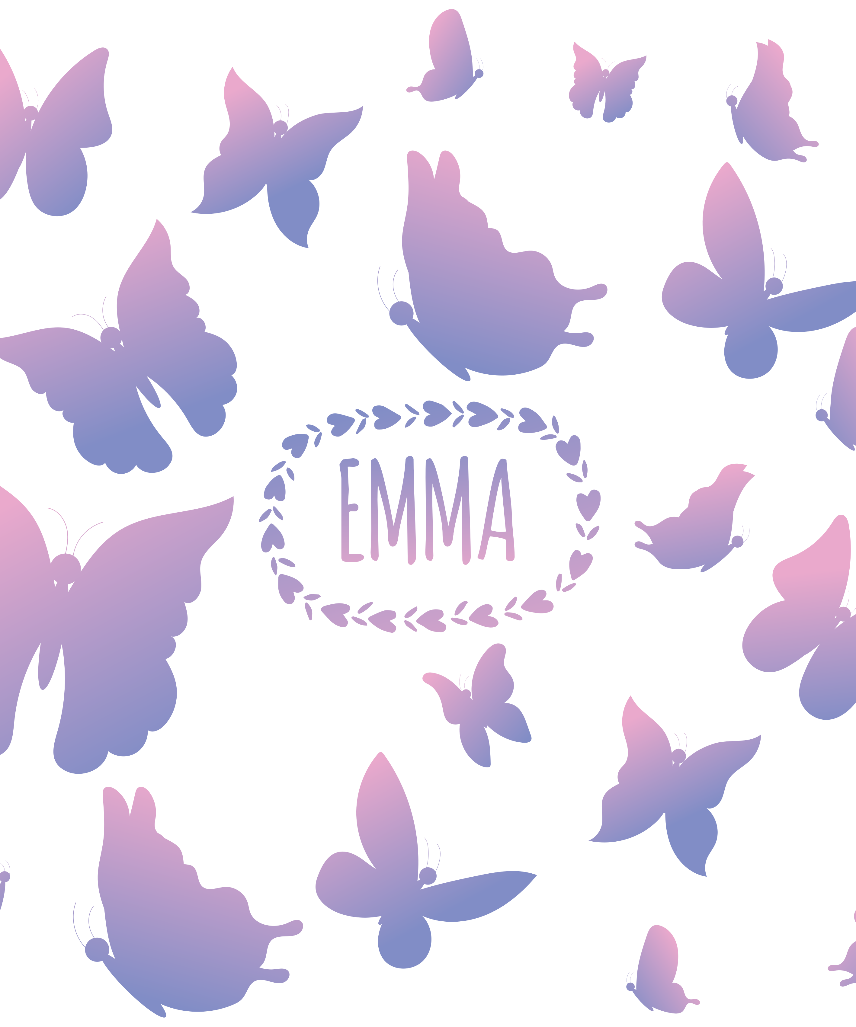 Alfombra vinílica lila mariposas moradas y azules con nombre - TenVinilo